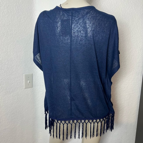 Esperanza Tops Esperanza New York Brand Blue Draped Sleeve Fringe